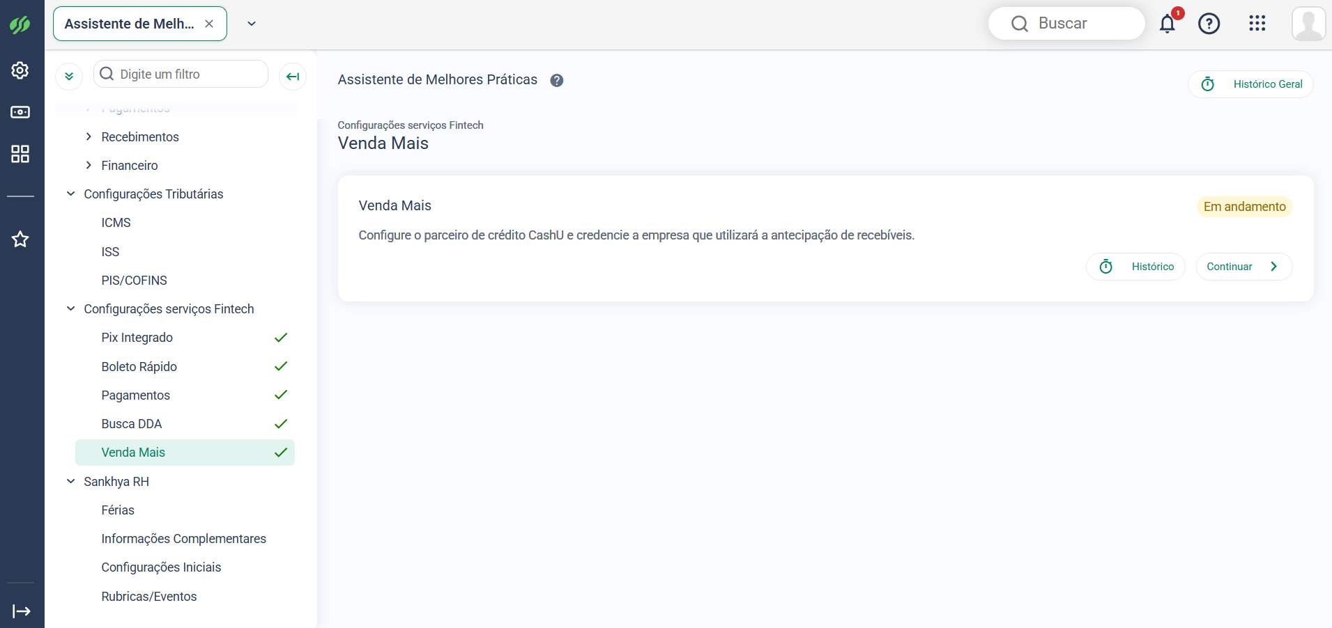 Venda Mais no Assistente de Melhores Práticas, em Configurações serviços Fintech