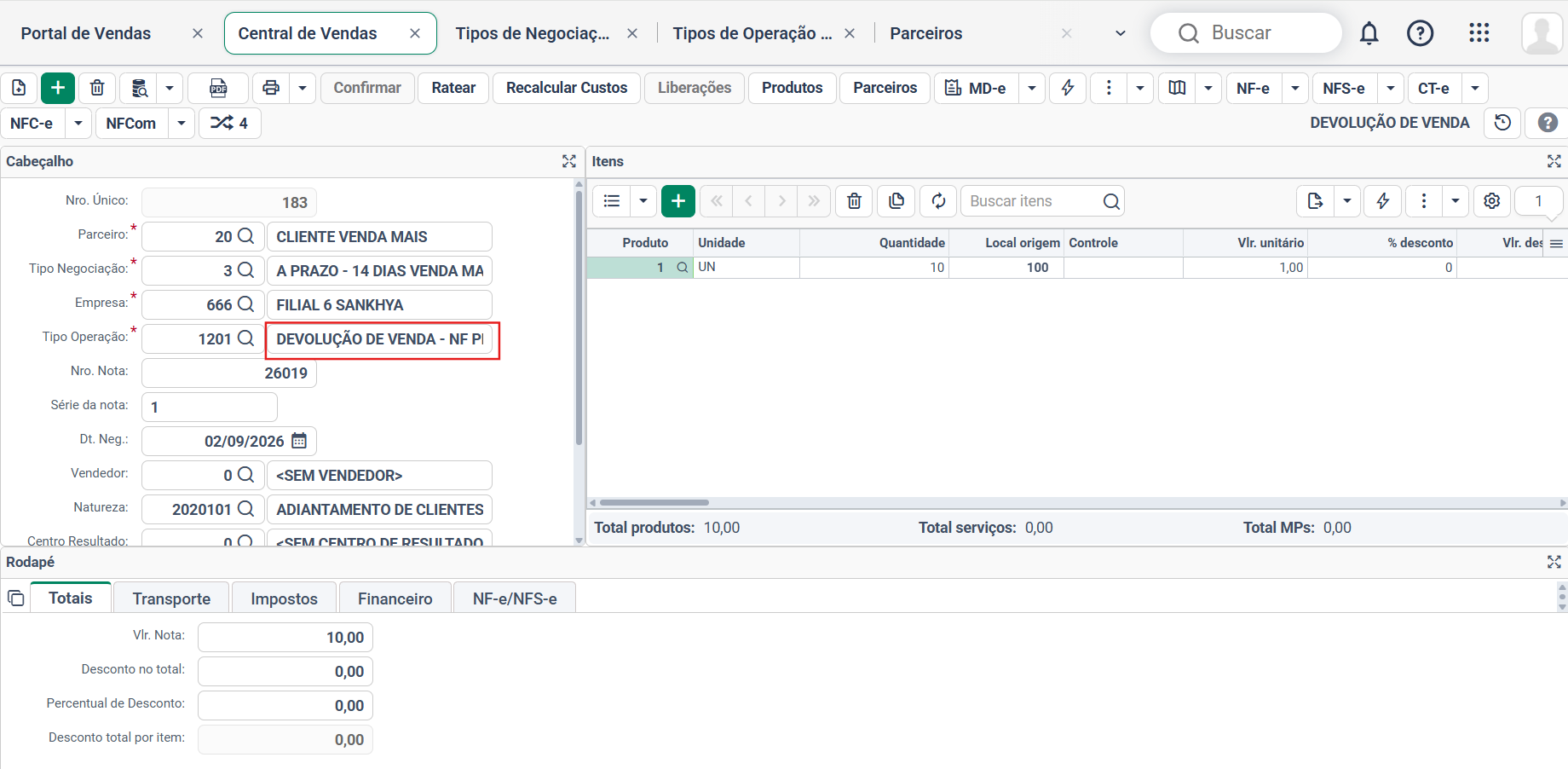 Nota de devolução de venda do Venda Mais